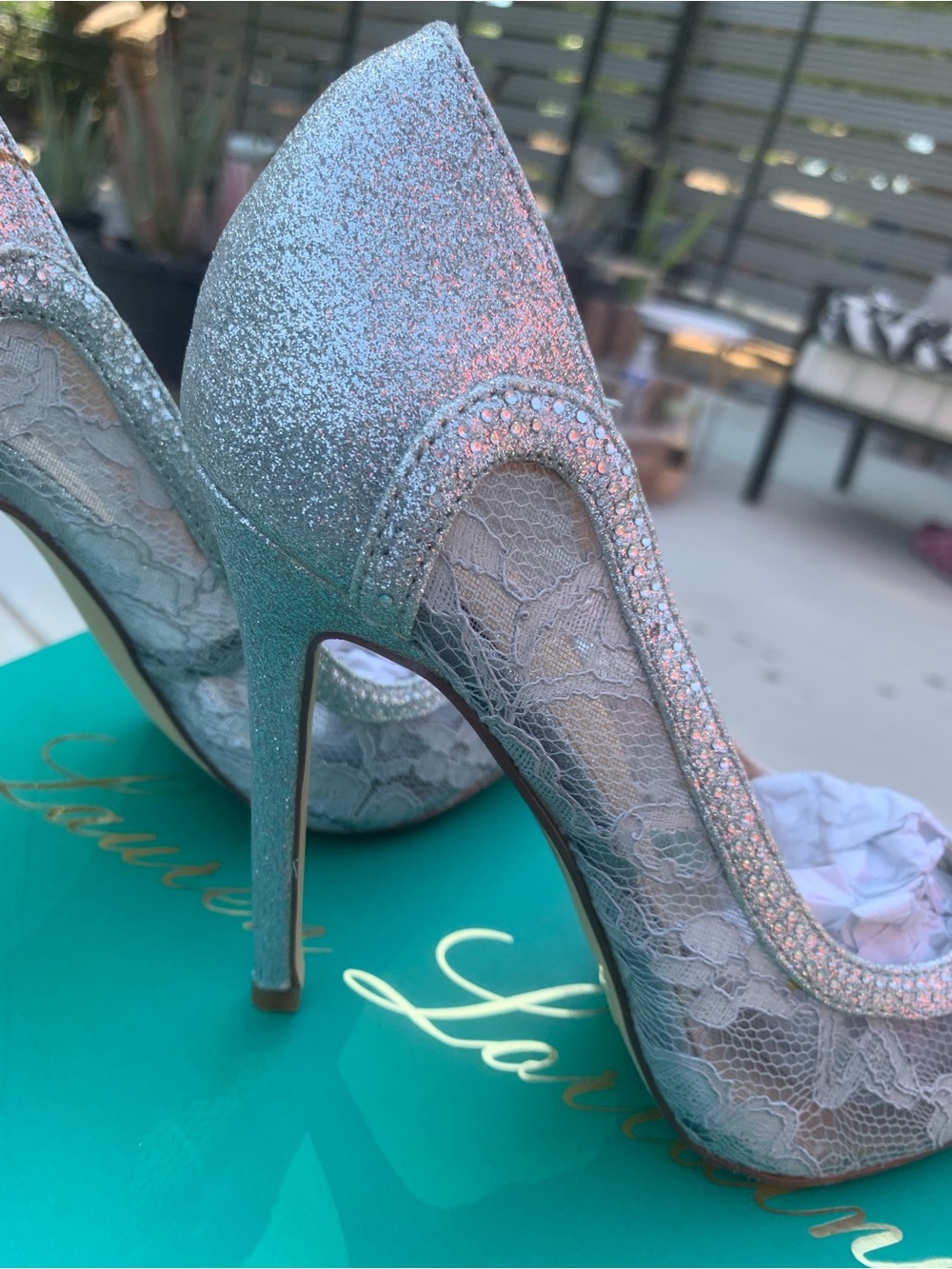 NWOT Silver Lace & Glitter High Heel Pumps with Crystal Accent - Picture 13 of 13